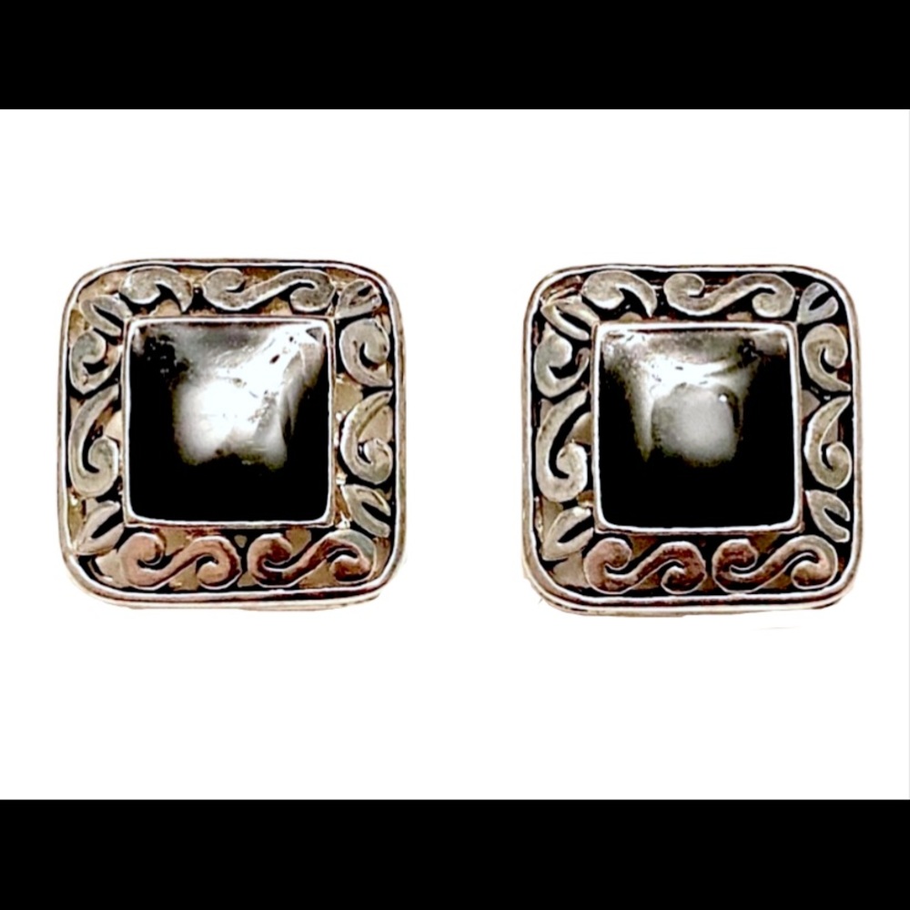 Vintage silver black square earrings